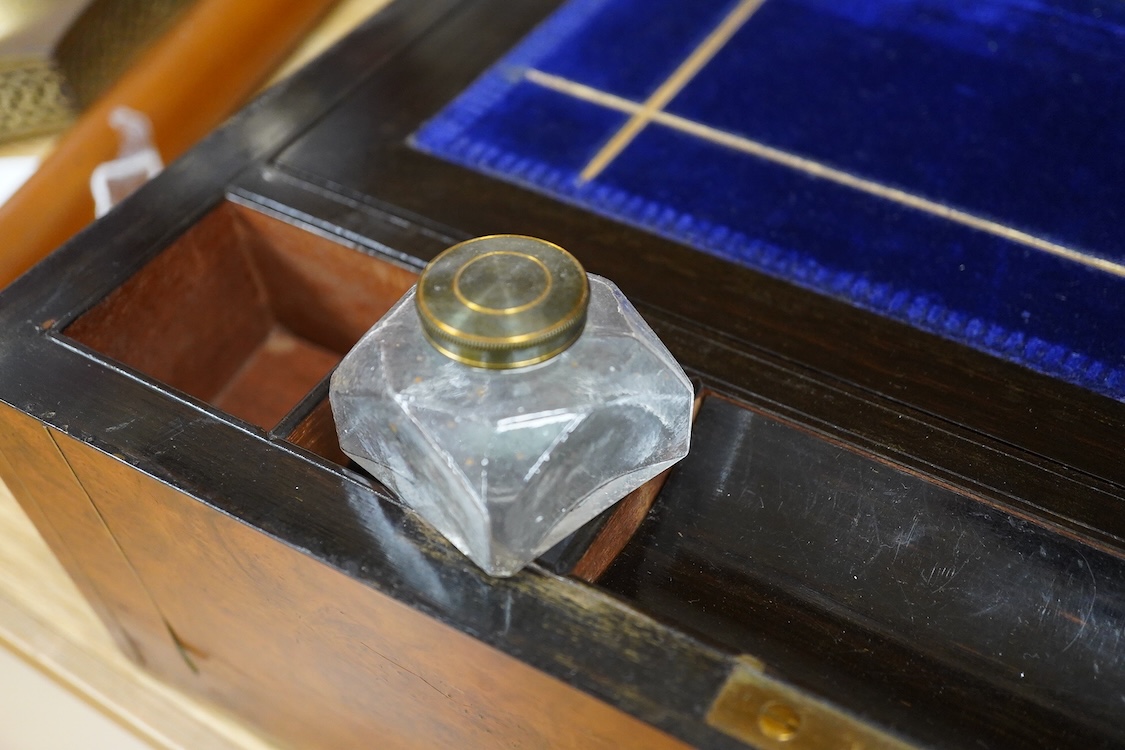 A large Victorian burr walnut writing box with gilt metal mounts and banding, 40cm wide